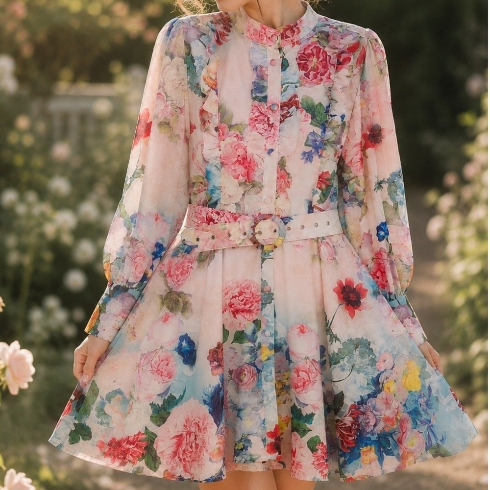 Floral Cottagecore Mini Dress Balloon Sleeve Romantic Coquette Fairycore Small